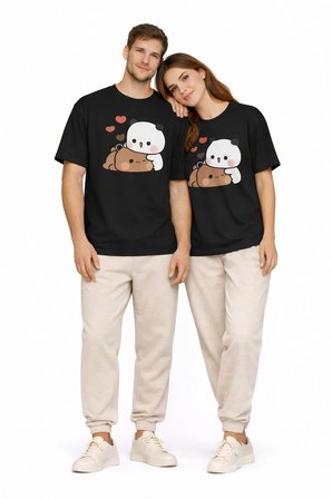 Sevimli Panda Baskılı Sevgili Kombini Çift Tişört Oversize Unisex Çift Kombin 2'Li Set