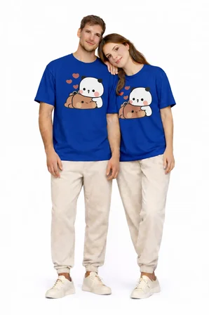 Sevimli Panda Baskılı Sevgili Kombini Çift Tişört Oversize Unisex Çift Kombin 2'Li Set