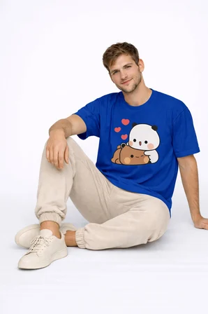 Sevimli Panda Baskılı Sevgili Kombini Çift Tişört Oversize Unisex Çift Kombin 2'Li Set