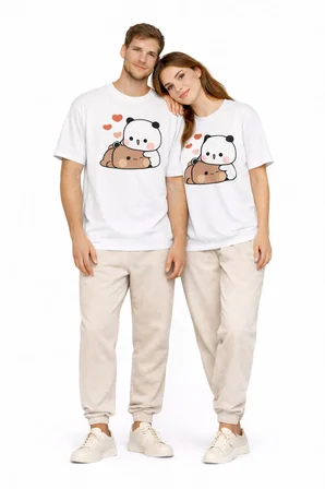Sevimli Panda Baskılı Sevgili Kombini Çift Tişört Oversize Unisex Çift Kombin 2'Li Set