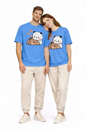 Sevimli Panda Baskılı Sevgili Kombini Çift Tişört Oversize Unisex Çift Kombin 2'Li Set