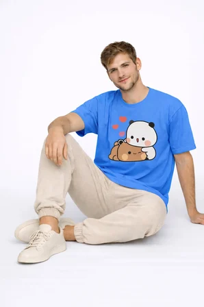 Sevimli Panda Baskılı Sevgili Kombini Çift Tişört Oversize Unisex Çift Kombin 2'Li Set