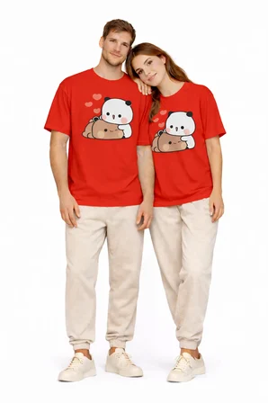 Sevimli Panda Baskılı Sevgili Kombini Çift Tişört Oversize Unisex Çift Kombin 2'Li Set