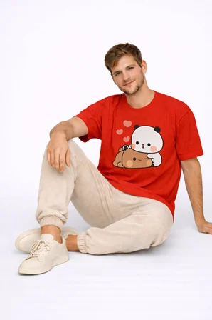 Sevimli Panda Baskılı Sevgili Kombini Çift Tişört Oversize Unisex Çift Kombin 2'Li Set
