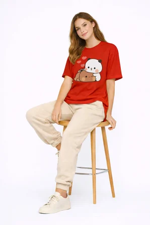 Sevimli Panda Baskılı Sevgili Kombini Çift Tişört Oversize Unisex Çift Kombin 2'Li Set