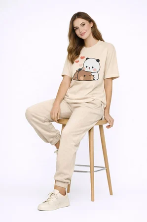 Sevimli Panda Baskılı Sevgili Kombini Çift Tişört Oversize Unisex Çift Kombin 2'Li Set