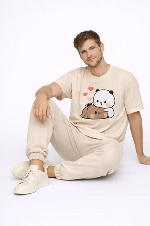 Sevimli Panda Baskılı Sevgili Kombini Çift Tişört Oversize Unisex Çift Kombin 2'Li Set