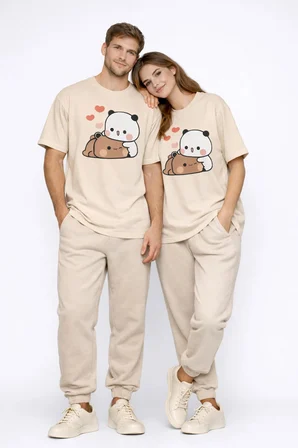 Sevimli Panda Baskılı Sevgili Kombini Çift Tişört Oversize Unisex Çift Kombin 2'Li Set
