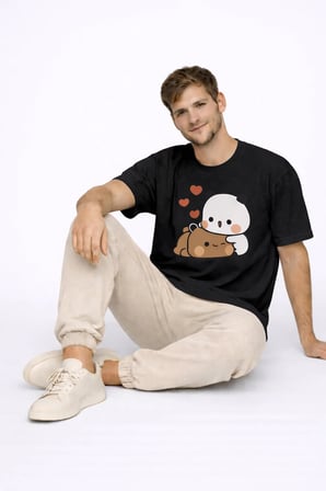 Nevermind Sevimli Panda Baskılı Sevgili Kombini Çift Tişört Oversize Tişört 2'li Set