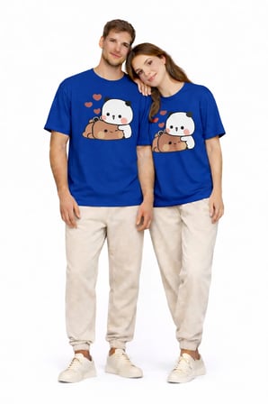 Sevimli Panda Baskılı Sevgili Kombini Çift Tişört Oversize Unisex Çift Kombin 2'Li Set