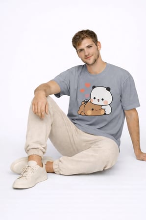 Sevimli Panda Baskılı Sevgili Kombini Çift Tişört Oversize Unisex Çift Kombin 2'Li Set