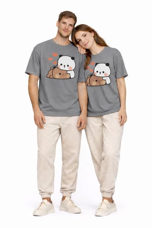 Nevermind Sevimli Panda Baskılı Sevgili Kombini Çift Tişört Oversize Tişört 2'li Set