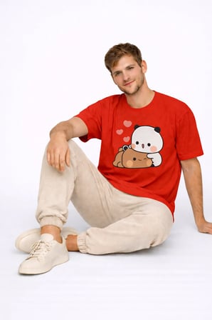 Sevimli Panda Baskılı Sevgili Kombini Çift Tişört Oversize Unisex Çift Kombin 2'Li Set