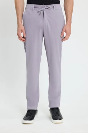 Erkek Slim Fit Dar Kesim Beli Lastikli Bağcık Detaylı Gri Pantolon