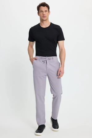 Erkek Slim Fit Dar Kesim Beli Lastikli Bağcık Detaylı Gri Pantolon
