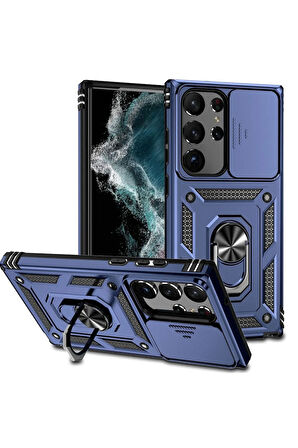 Samsung Galaxy S23 Ultra  Sürgülü Kamera Koruyucu  Metal Halka Ayaklı Stand Çizilmez Kılıf Case