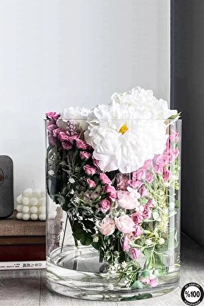 Delizli El Imalati 19cm Genişlik 40 Cm - Akvaryum El Işciliği Silindir Vazo Cam Ps1940 Kalın Taban