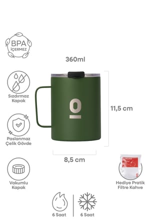 Paslanmaz Çelik Yeşil Metal Kupa 360 ml Vakum Kapaklı Isı Yalıtımlı No:139