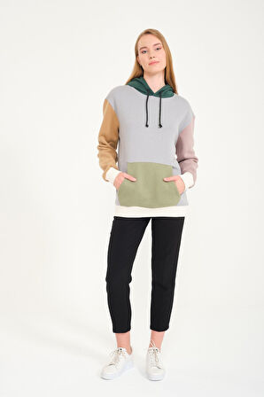 3 Iplik Penye Sınırlı Sayıda Baskısız Patchwork Unisex Kanguru Cepli Kapüşonlu Sweatshirt Hoodie | XL
