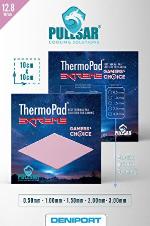 Pullsar Thermopad Extreme - 100x100 mm | 2,00 mm Kalınlık | 12,8 W/m-K İletkenlik ile Bilgisayarınız İçin Güçlü Soğutma Çözümü!