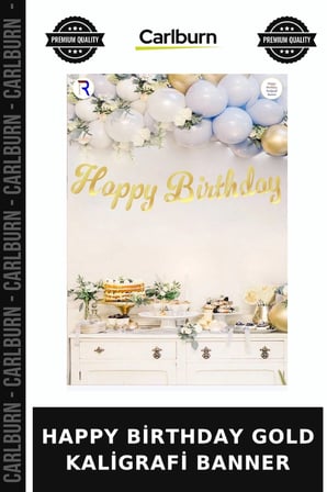 Özel Üretim HAPPY BİRTHDAY GOLD KALİGRAFİ BANNER Dekoratif Dekor Kutlama Süsü