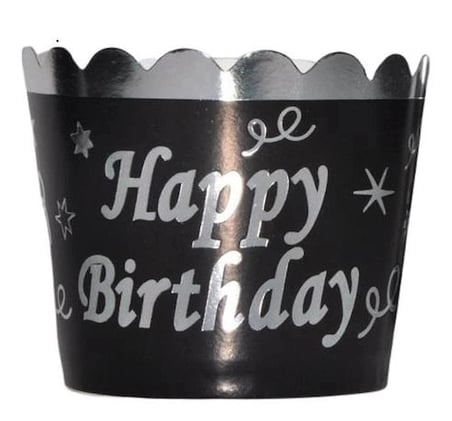 Premium MAFİN KEK KAPSÜLÜ SİYAH GÜMÜŞ HAPPY BRİTHDAY 25’Lİ Baskılı Gösteri Hazırlık
