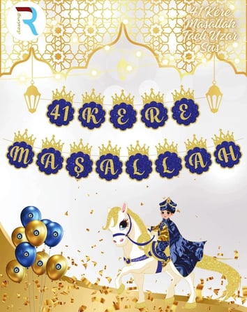 Özel Üretim 41 KERE MAŞALLAH TAÇLI GOLD MAVİ KALİGRAFİ BANNER Etkinlik Kutlama