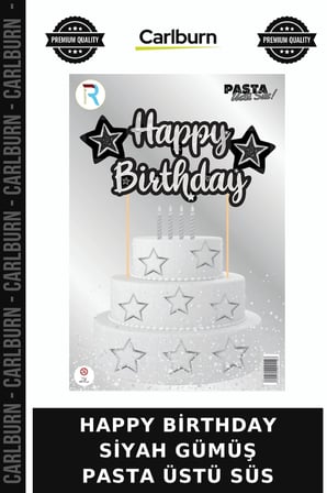 Premium HAPPY BİRTHDAY SİYAH GÜMÜŞ PASTA ÜSTÜ SÜS Doğum Kutlama Ürünü Parti Malzemesi