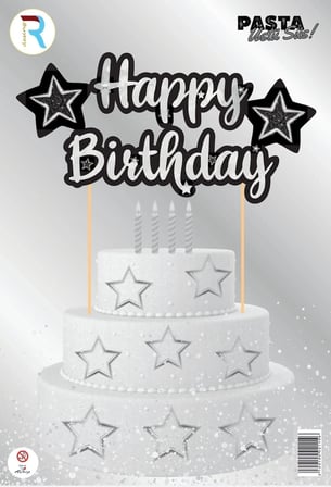 Premium HAPPY BİRTHDAY SİYAH GÜMÜŞ PASTA ÜSTÜ SÜS Doğum Kutlama Ürünü Parti Malzemesi
