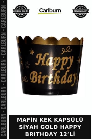 Premium MAFİN KEK KAPSÜLÜ SİYAH GOLD HAPPY BRITHDAY 12’Lİ Parti Süsü Kutlama İkram
