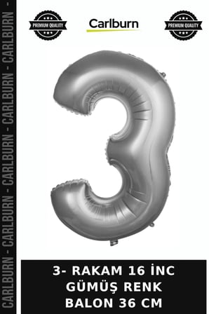 Premium 3- RAKAM 16 İNC GÜMÜŞ RENK BALON 36 CM Sürpriz Kutlama Yaş Günü