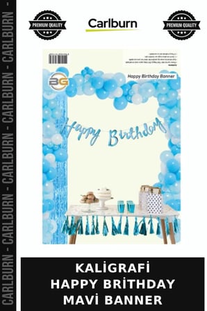 Premium KALİGRAFİ HAPPY BRİTHDAY MAVİ BANNER Yetişkin Çocuk Eğlence
