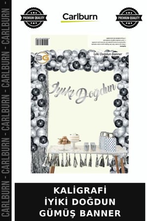 Premium KALİGRAFİ İYİKİ DOĞDUN GÜMÜŞ BANNER Davet Salon Askılı Süs