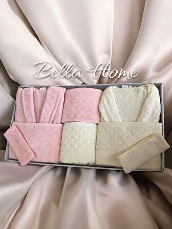 Bella Home 8 Parça Hasır Aile Bornoz Seti - Çeyiz Seti - %100 Pamuk - Orijinal Lüks Kutu