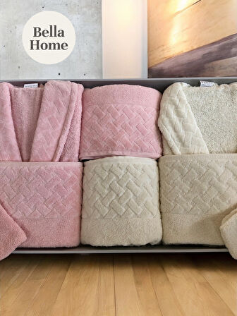 Bella Home 8 Parça Hasır Aile Bornoz Seti - Çeyiz Seti - %100 Pamuk - Orijinal Lüks Kutu