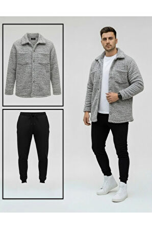 Unisex Pelüş Gri Ceket Ve Siyah Eşofman Kombini Alt Üst