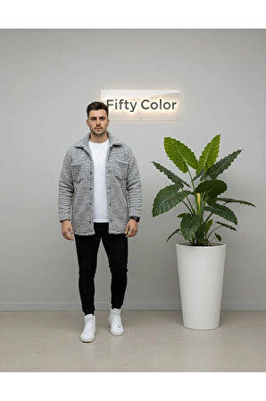 Unisex Pelüş Gri Ceket Ve Siyah Eşofman Kombini Alt Üst