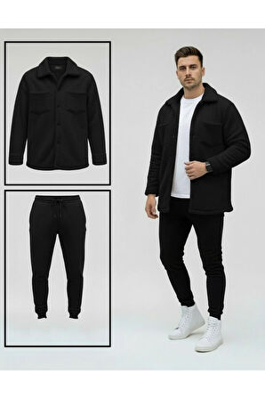 Unisex Pelüş Siyah Ceket Ve Siyah Eşofman Kombini Alt Üst