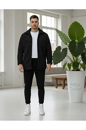 Unisex Pelüş Siyah Ceket Ve Siyah Eşofman Kombini Alt Üst