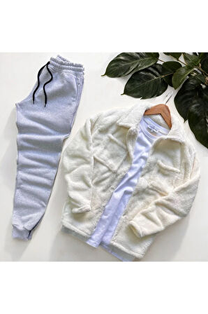 Unisex Pelüş Beyaz Ceket Ve Gri Eşofman Kombini Alt Üst