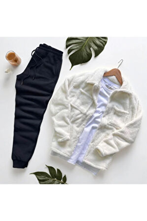 Unisex Pelüş Beyaz Ceket Ve Siyah Eşofman Kombini Alt Üst