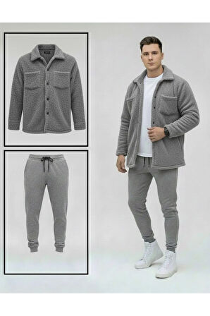 Unisex Pelüş Gri Ceket Ve Gri Eşofman Kombini Alt Üst