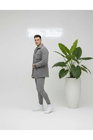 Unisex Pelüş Gri Ceket Ve Gri Eşofman Kombini Alt Üst
