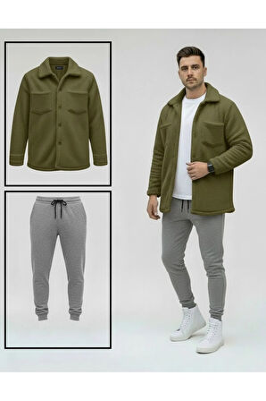 Unisex Pelüş Haki Ceket Ve Gri Eşofman Kombini Alt Üst