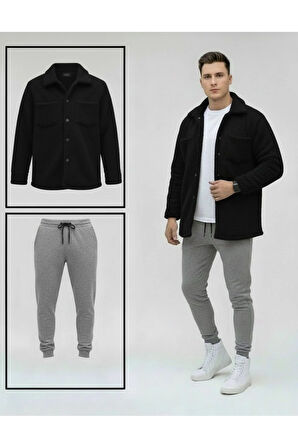 Unisex Pelüş Siyah Ceket Ve Gri Eşofman Kombini Alt Üst