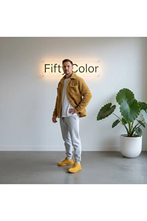 Unisex Pelüş Taba Ceket Ve Gri Eşofman Kombini Alt Üst