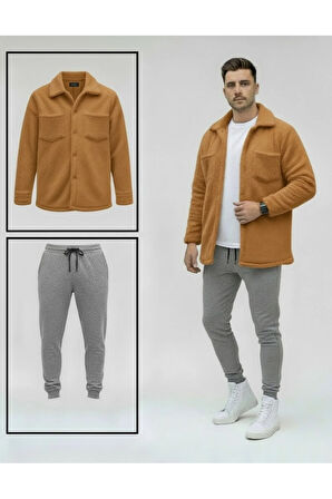 Unisex Pelüş Taba Ceket Ve Gri Eşofman Kombini Alt Üst