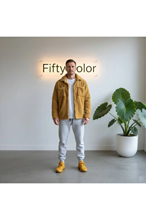 Unisex Pelüş Taba Ceket Ve Gri Eşofman Kombini Alt Üst