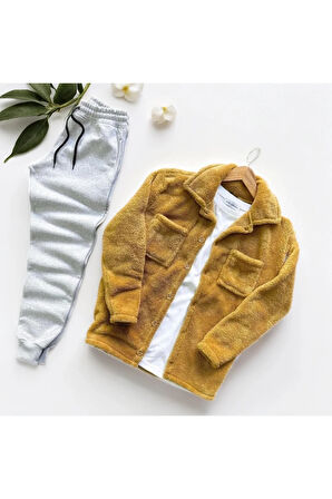 Unisex Pelüş Taba Ceket Ve Gri Eşofman Kombini Alt Üst