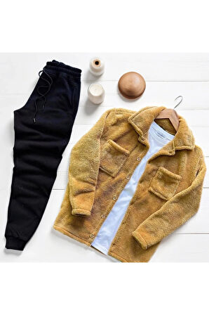 Unisex Pelüş Taba Ceket Ve Siyah Eşofman Kombini Alt Üst